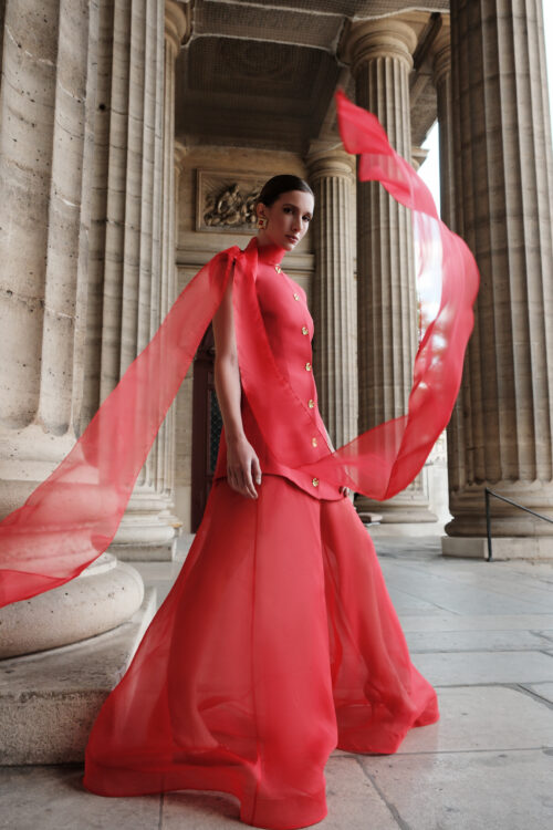 Red Mini Dress with Detachable Organza Skirt and Flowing Scarf