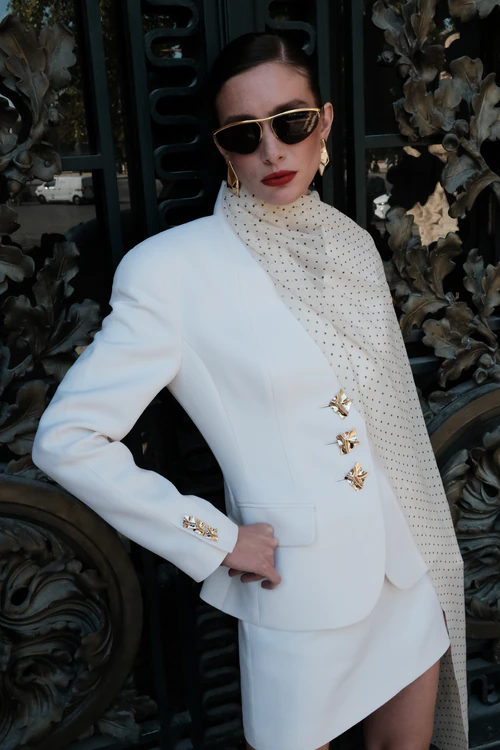 Tailored Blazer and Mini Skirt with Detachable Polka-Dot Chiffon Scarf