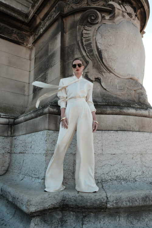 Ivory Silk Blouse and Wide-Leg Trousers Ensemble