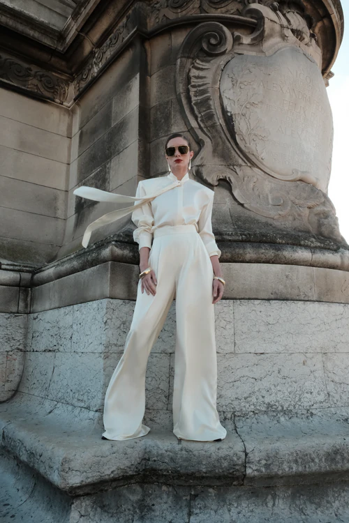 Ivory Silk Blouse and Wide-Leg Trousers