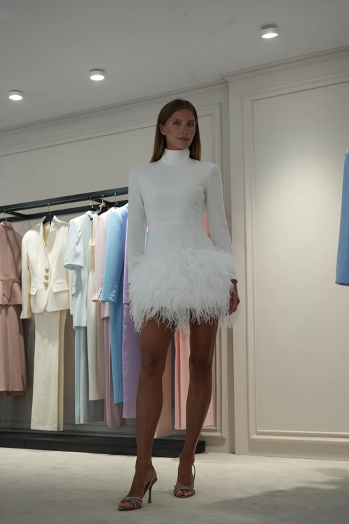 White Mini Dress with Feathers