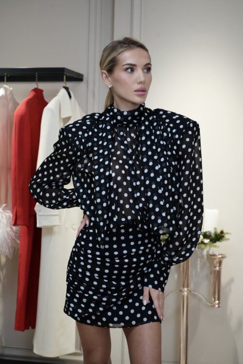 Mini dress with draping on the skirt and long sleeve, black with white polka dots