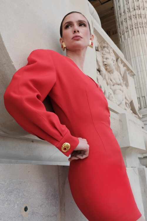 Red Sculpted-Shoulder Mini Dress