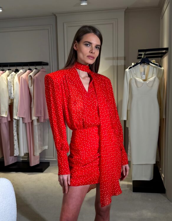 Mini dress with draping on the skirt and long sleeve, red with white polka dots