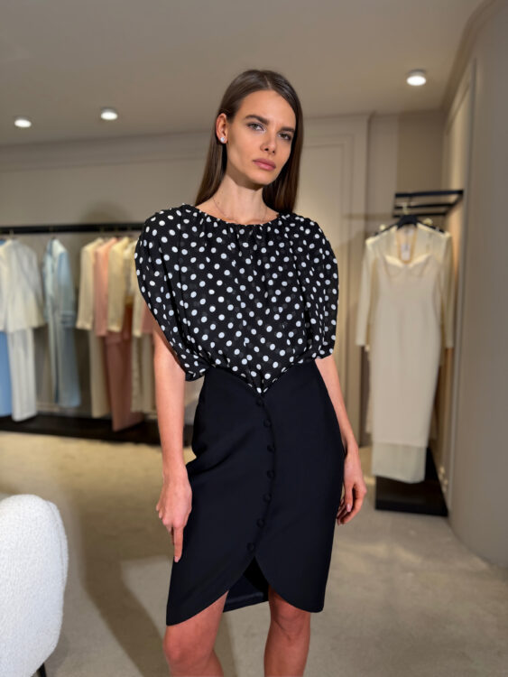 Silk polka dot top and pencil skirt