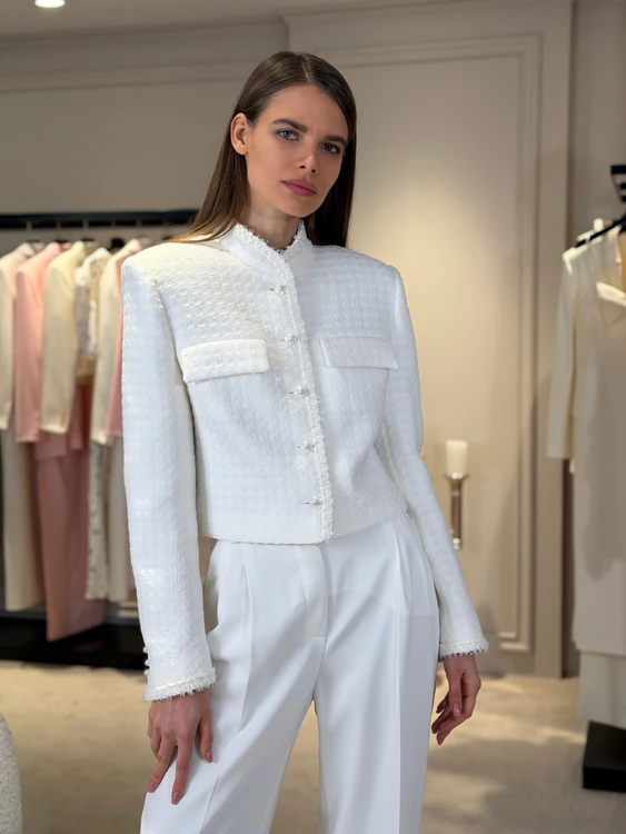 Milk suit with palazzo trousers & tweed jacket