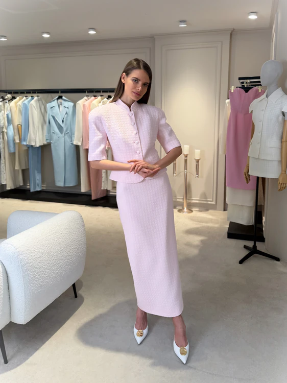 Pink tweed suit with maxi skirt